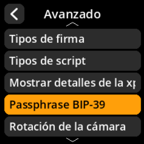 Menú de selección de contraseña BIP-39