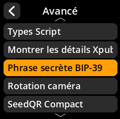 Settings selection menu