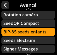 Settings selection menu