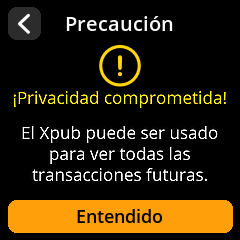 Pantalla de advertencia de privacidad de Xpub