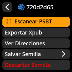 Menú de semilla con la opción Escanear PSBT