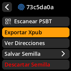 Menú principal de Seed con la opción Exportar Xpub