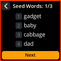 Seed words display screen