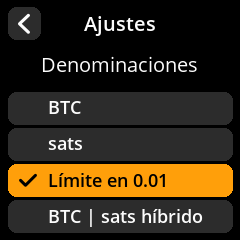 Opciones de visualización de denominación