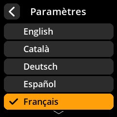 Settings selection menu