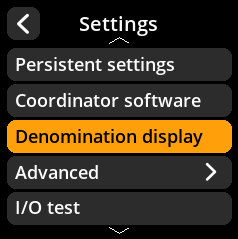 Denomination display selection menu
