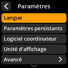 Settings selection menu