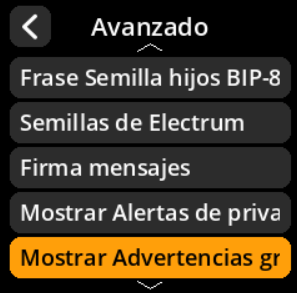 Menú de selección de advertencias graves