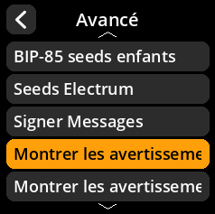 Settings selection menu