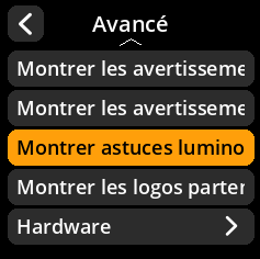 Settings selection menu