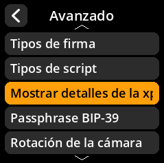 Mostrar menú de selección de detalles de Xpub