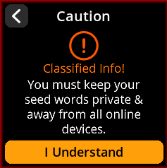 Security warning before viewing seed words