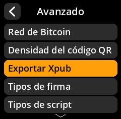 Menú de selección de exportación a Xpub